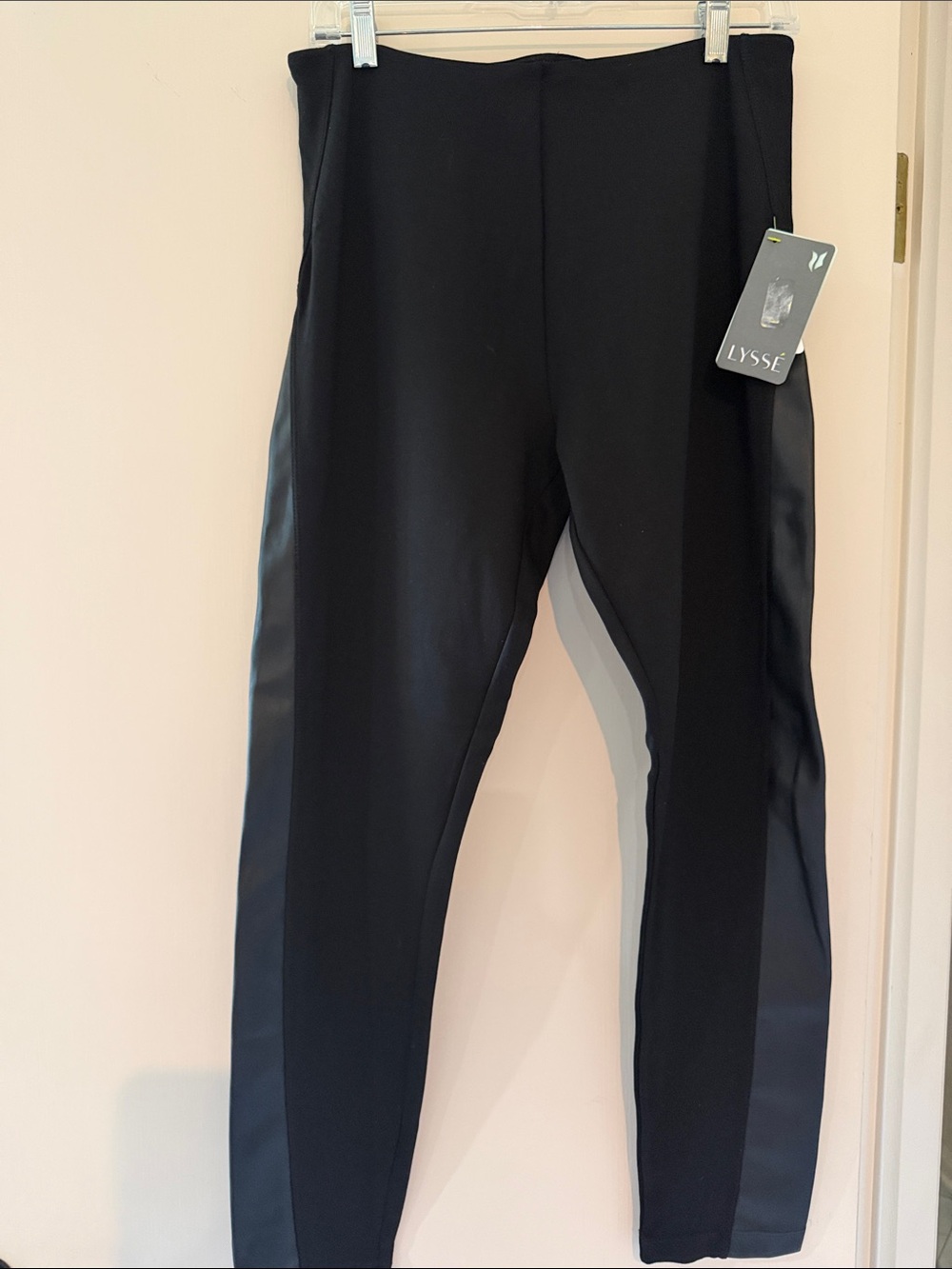 Lysse Black Women’s Ponte Skinny Pants with Faux Leather Side Panels